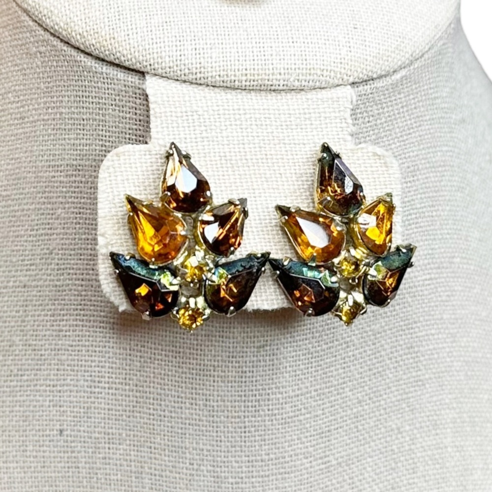 Vintage Amber Iridescent Pear Cut Rhinestone Clip On Earrings